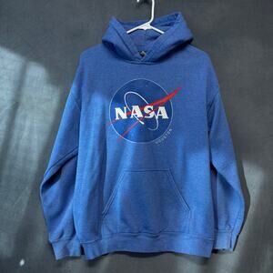Gildan Heavy Blend Blue NASA Houston Hoodie Space Graphic Pullover Retro Cozy